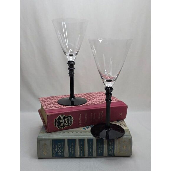 Sasaki Other - Vintage Sasaki Black Tie Crystal Martini Glasses | Pair | Black Geometric Stem